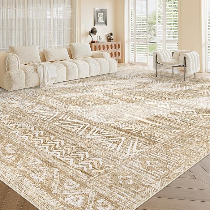 Living Room Rugs 9x12: Washable Moroccan Geometric Boho Rug Farmhouse Non Slip Stain Resistant Large Rug Low Pile Soft Carpet for Bedroom Dining Room Kids Room (Light Brown,9'x12')