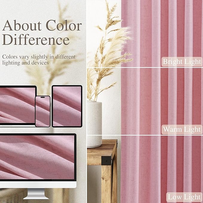 Rose Linen 96 Inch Long Curtains Panels 2 Panel Set with Back Tab Rod Pocket Semi Sheer Light Filtering Boho Aesthetic Style Room Decor Burlap Look Curtain for Bedroom and Living Room 52x96 Inch