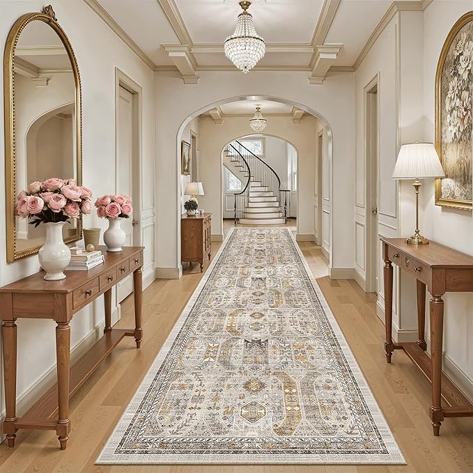 Madane Hallway Runner 3x14 - Runner Rugs 14ft Washable Entryway 14ft Rug Ruuner Vintage Kitchen Runners Non Slip Indoor Area Rug Farmhouse Carpet Runner for Bathroom Living Room Bedroom, Brown/Gold