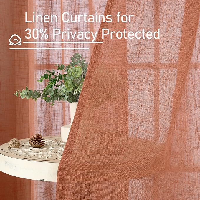 LAMIT Terracotta Linen Boho Curtains 78 inch Length 2 Panels, Light Filtering Semi Sheer Drapes Back Tab and Rod Pocket Neutral Panels for Bedroom/Living Room, 52 x 78 Inch