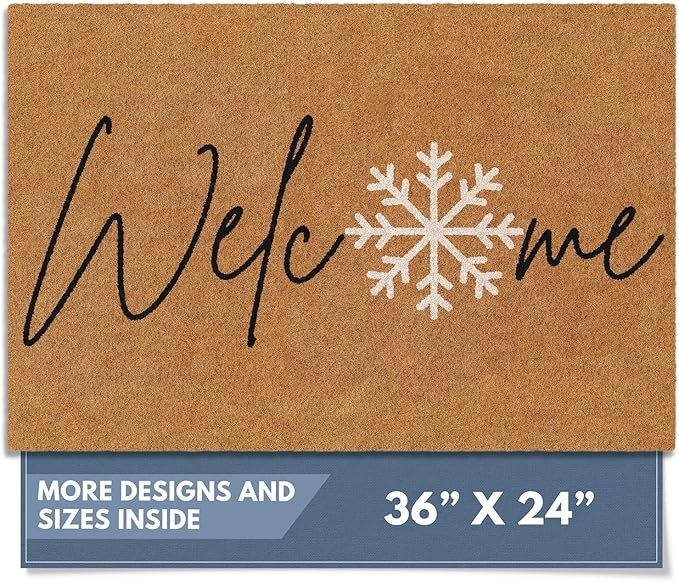 Barnyard Designs Natural Coco Coir Christmas Doormat - Large Cute Non-Slip Heavy Duty Backing Door Mat for Outside Entrance or Porch Entry, Brown (24x36, Winter Snowflake)