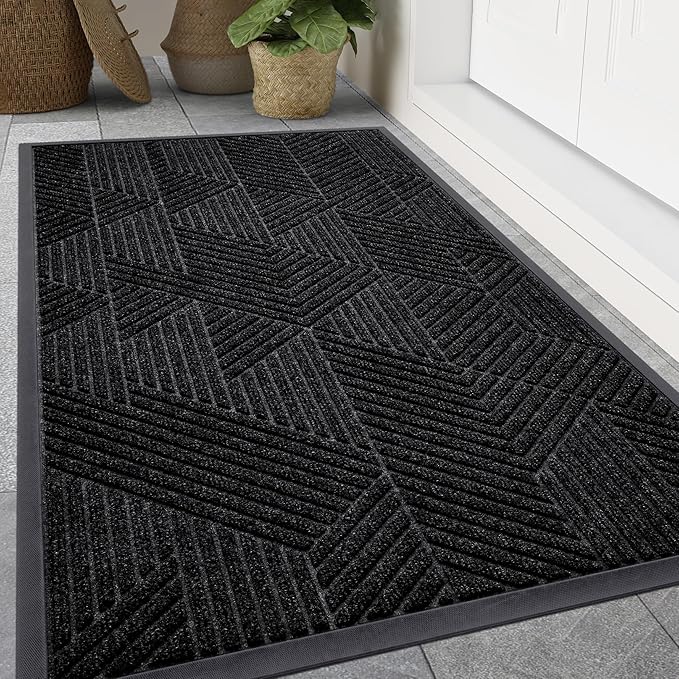 Smiry Front Door Mat Outside Entrance, Heavy Duty Sturdy Natural Rubber Doormat, Trap Dirt and Moisture, Easy Clean Low Profile Mats for Indoor Outdoor Entry, Irregular Triangle (59x40, Black)