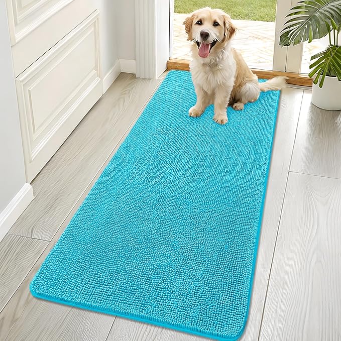 OLANLY Dog Door Mat for Muddy Paws 70x32, Absorbs Moisture and Dirt, Absorbent Non-Slip Washable Doormat, Quick Dry Chenille Mud Mat for Dogs, Entry Indoor Entryway Carpet for Inside Floor, Aqua Blue