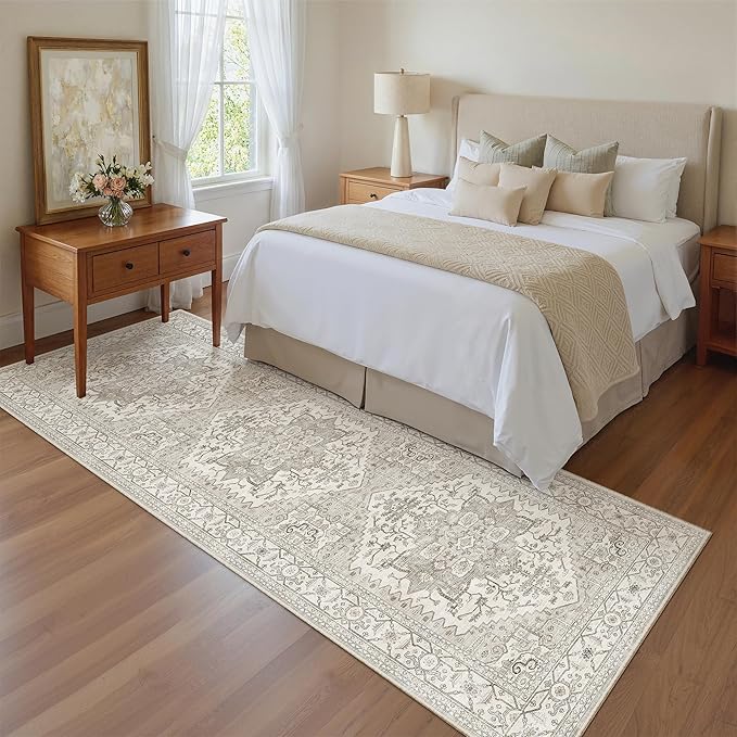 Madane Runner Rug 2'6''x8' Kitchen Runners, Printed Vintage Washable Hallway Rugs Soft Non-Slip Low Pile 2.5x8 ft Runners for Hallways Laundry Room Rug, Beige/Brown
