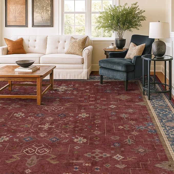 Hazo Haus Oriental 8x10 Large Area Rugs for Living Room - Burgundy Rug for Bedroom Under Bed, Dining Room Under Kitchen Table, Washable Soft Non Slip Unique Indoor Décor