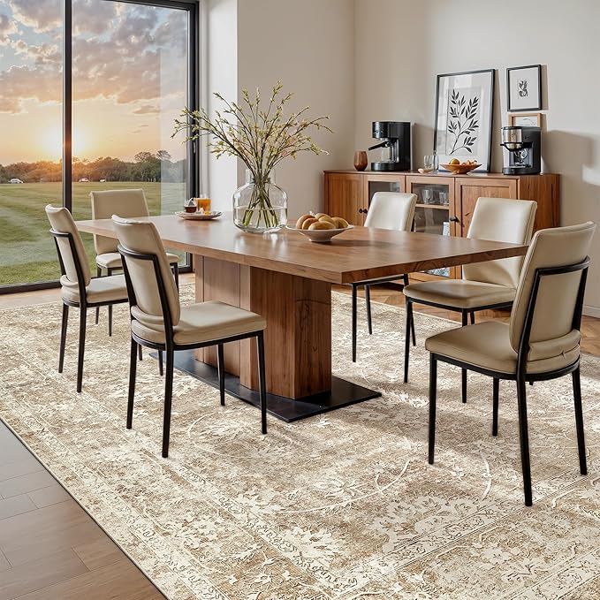 Madane 9x12 Area Rugs for Living Room, Machine Washable Rug with Non-Slip Backing, Soft Vintage Large Throw Rug, Floral Print Floor Neutral Carpet for Bedroom Dining Room (9 x 12, Beige/Brown)
