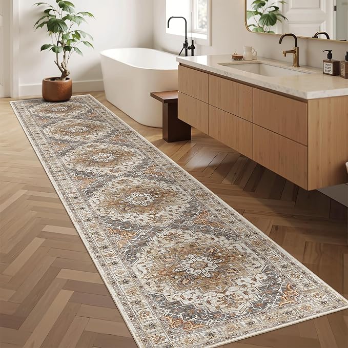 Madane Hallway Runner Rug 2x12, Extra Long Washable Runner Rugs with Rubber Backing, Non Slip Carpet Runner, Vintage Rug Runners for Kitchen Laundry Room Entryway (Turmeric/Grey, 2'x12')