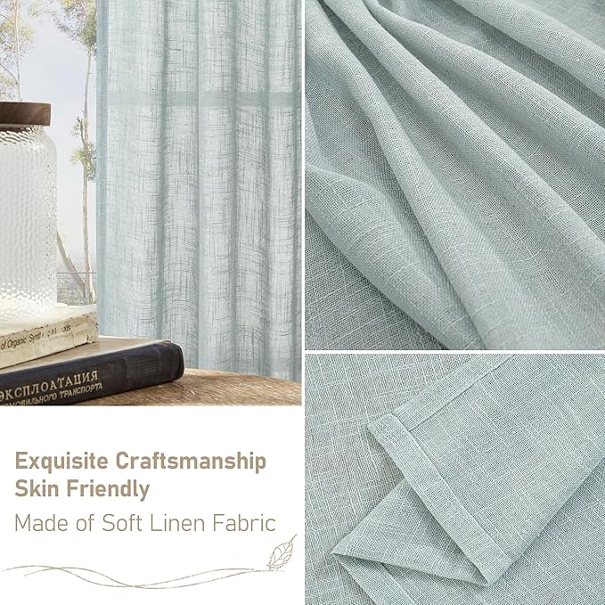 LAMIT Semi Sheer Linen Curtains 54 Inch Length 2 Panels, Greyish Blue Light Filtering Panels Back Tab and Rod Pocket Neutral Drapes for Kitchen/Window/Dining Room, 52 x 54 Inch
