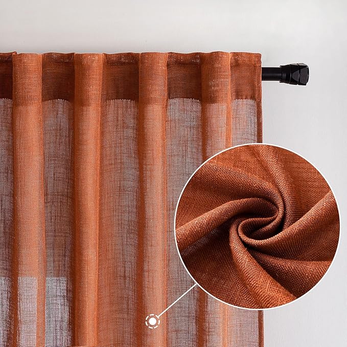 MIULEE Rust Curtains 90 Inch Length 2 Panels for Bedroom Living Room, Terracotta Soft Thick Linen Textured Window Drapes Semi Sheer Light Filtering Back Tab Rod Pocket Burlap Look Fall Decor