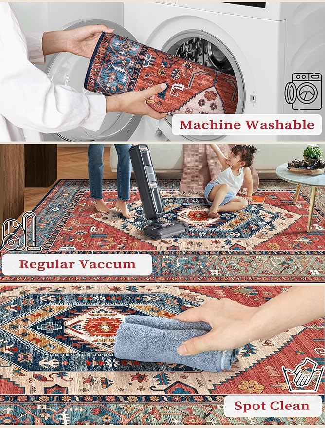 SERISSA Runner Rug for Hallways, 2'6"x14' Washable Non Slip Kitchen Runner Rug, Extra Long Boho Rug Ultra Soft Vintage Rust Print Floor Carpet for Bedroom Hallway Entryway Bathroom Laundry Room