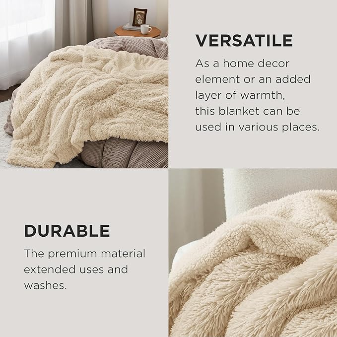Bedsure GentleSoft Fuzzy Sherpa Faux Fur Blanket Beige Cozy Gifts for Women Men, Soft Fleece Plush Warm Minky Thick Blanket Twin Size for Couch, Room Decor Dorm Bed Essentials Beige Decor, 60x80