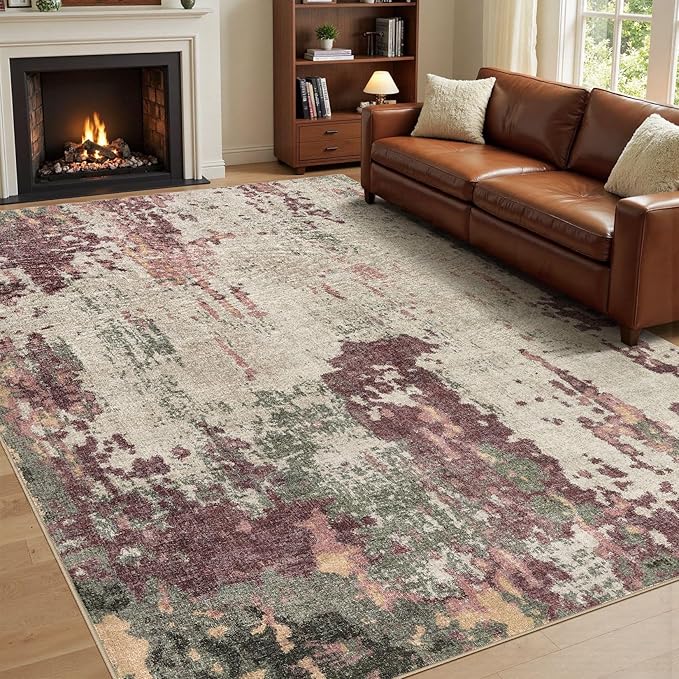 UERMEI 9x12 Area Rug Living Room Rugs - Washable Neutral Modern Abstract Soft Thin Rug Indoor Floor No Slip Rug Carpet for Bedroom Under Dining Table Home Office Decor - Purple/Green/Beige