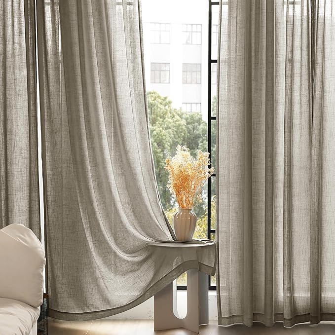 Taupe Linen Curtains 120 inches Long for Living Room Back Tab Rustic Farmhouse Semi Sheer Light Filtering Window Curtain Dining Room Soft Thick Flax Linen Textured Drapes Burlywood Birch Dark Brown