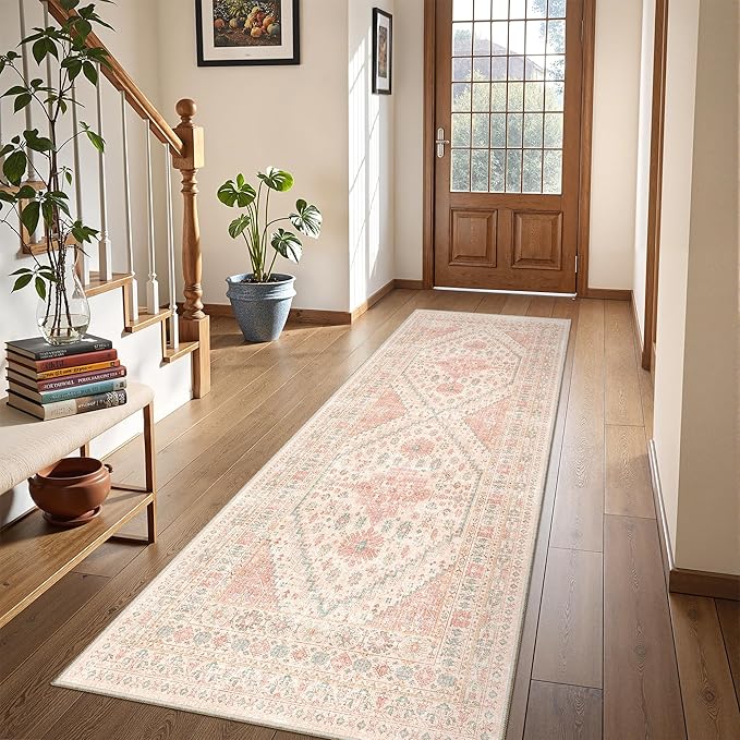 Runner Rug 2x6, Non Slip Washable Rugs for Laundry Room, Runners for Hallways, Low Pile Vintage Soft Rugs for Living Room, Kitchen Bathroom,Bedroom Rug(Pink,2'x6')