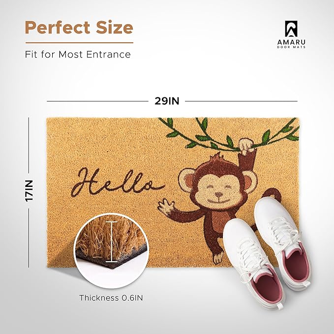 Monkey - 17"x29" - Coir Door Mat with Heavy Duty Backing - Welcome Mats for Entryway, Porch - Anti-Slip PVC & Coconut Fiber Surface - Natural Home Accessories, Minimalist Original Design