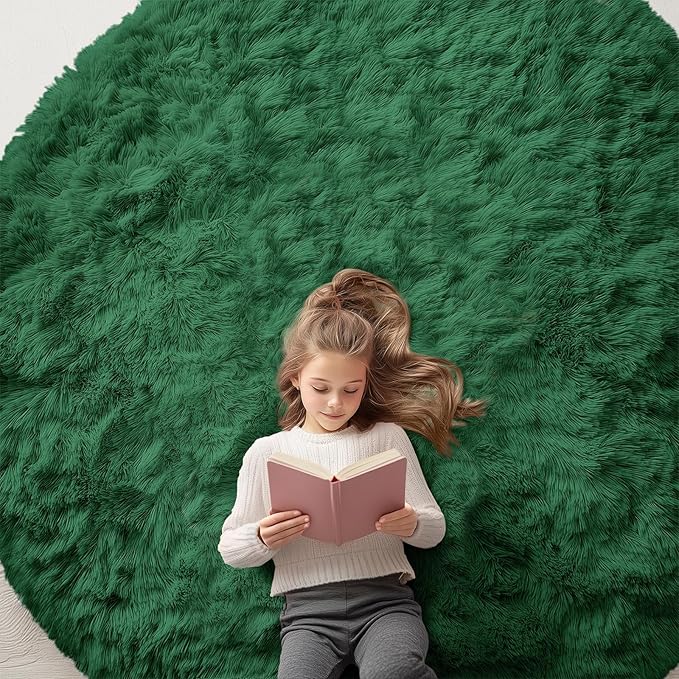 OLANLY Dark Green Round Rugs for Bedroom - Machine Washable, 7 ft Circle Area Rugs for Living Room, Soft and Fluffy Shaggy Carpet for Teen Girls and Boys, Nursery Rooms, Dorms, Home Decor Aesthetic