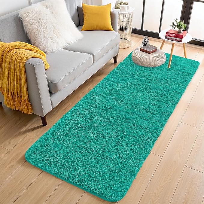 OLANLY 2x4 Machine Washable Runner Rugs for Hallway, Soft Fluffy Shaggy Bedside Rugs for Bedroom, Living Room, Indoor Floor Carpet for Kids Girls and Boys, Home Decor Aesthetic, Teal Green