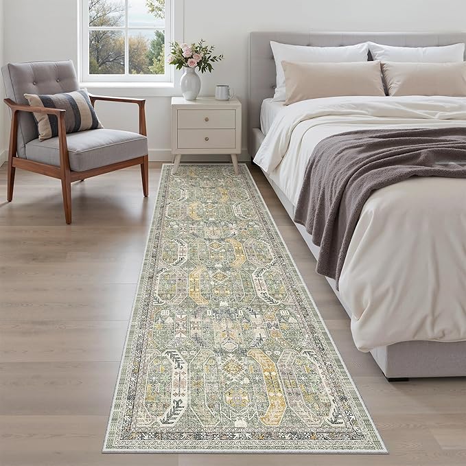 Madane Runner Rug 2x8, Washable Hallway Runner Rugs, Non-Slip Low-Pile Soft Kitchen Rug Runner Laundry Room Rug, Vintage Throw Entry Foyer Mat for Entrance Living Room (Green/Gold, 2 x 8)
