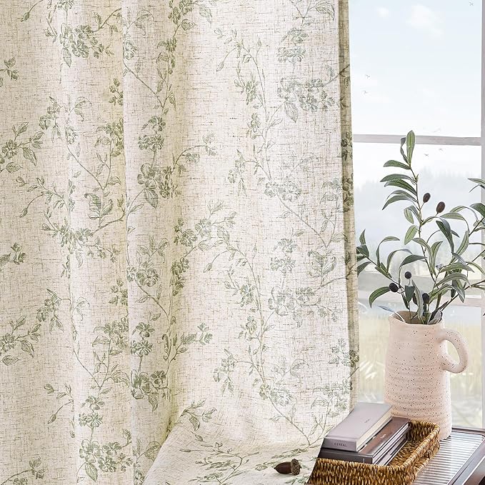Lazzzy Green Floral Linen Curtains 90 Inch Farmhouse Back Tab Drapes for Living Room Bedroom Light Filtering Vintage Grandmillennial Rod Pocket Curtains, 2 Panels, W38 x L90, Green on Beige