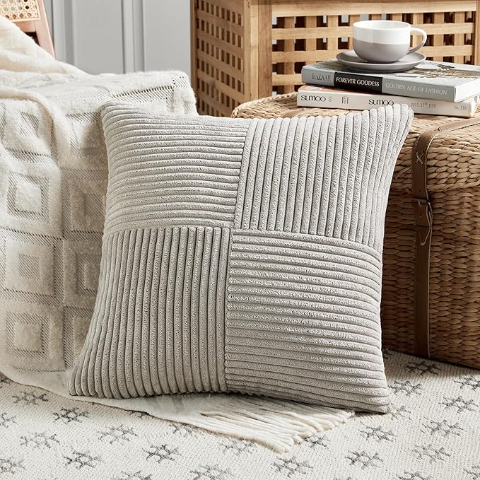 Fancy Homi 2 Packs Neutral Grey Samll Decorative Throw Pillow Covers 14x14 Inch with for Couch Bed Sofa, Rustic Farmhouse Boho Home Decor, Soft Corss Patchwork Corduroy Square Cushion Case 35x35 cm