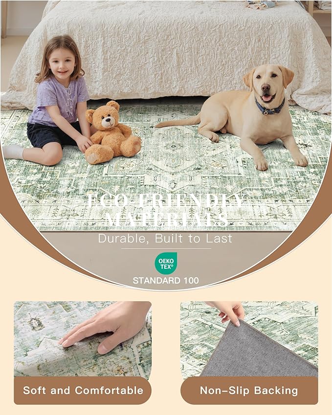 Madane Runner Rug 2x8, Washable Hallway Runner Rugs, Non-Slip Low-Pile Soft Kitchen Rug Runner Laundry Room Rug, Vintage Throw Entry Foyer Mat for Entrance Living Room (Green/Ivory, 2 x 8)