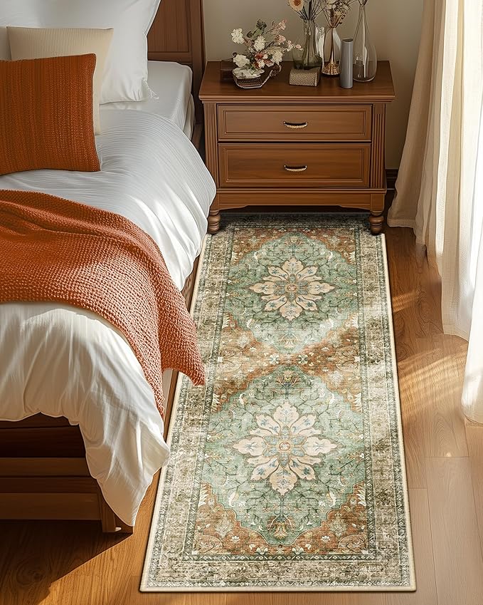 Area Rugs 2'x5' Runner Rug Non Slip Washable for Kitchen Hallway Bedroom Beside Laundry Room Bathroom Rug, Floor Carpet, Brick Red Rust Neutral Brown Burnt Orange Green
