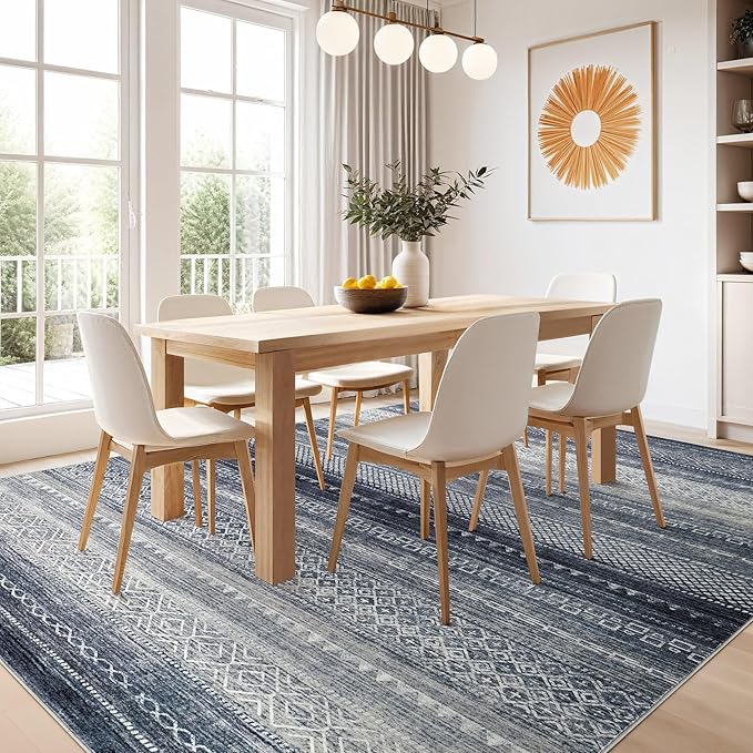 Nakagishi Area Rugs 9x12 Living Room Rug: Washable Boho Large Neutral Modern Soft Stain Resistant Indoor Floor Non-Slip Moroccan Accent Carpet for Bedroom Nursery Kid Playroom Office Dining Room- Blue