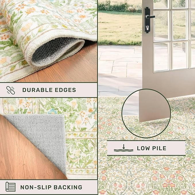 Light Green Bedroom Rug, 7x10 Washable Area Rug Non-Slip for Living Room, Nursery, Kids Room, Dining Room, Vintage Beige Botanical Low Pile Soft Carpet Fade Resistance
