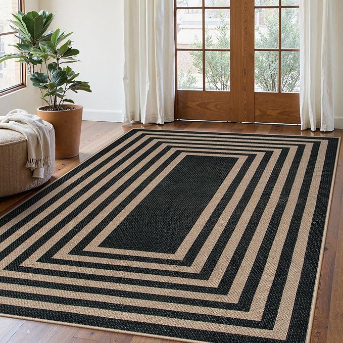 Lahome Enfys Modern Geometric Easy Jute Outdoor Rug, 5x7 Patio Living Room Rug Large Black Carpet for Bedroom, Farmhouse Washable Indoor Outdoor Carpet for Dining Room Backyard Deck