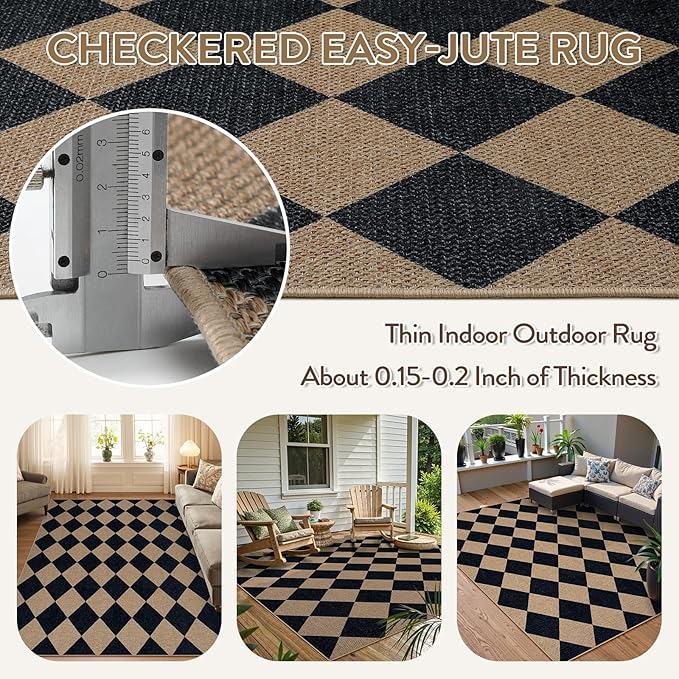 Lahome Colette Checkered Easy Jute Outdoor Rug, 5x7 Area Rugs for Living Room Nature Large Dining Room Carpet, Farmhouse Outdoor Patio Non Slip Diamond Carpet for Home Office Bedroom Backyard Deck
