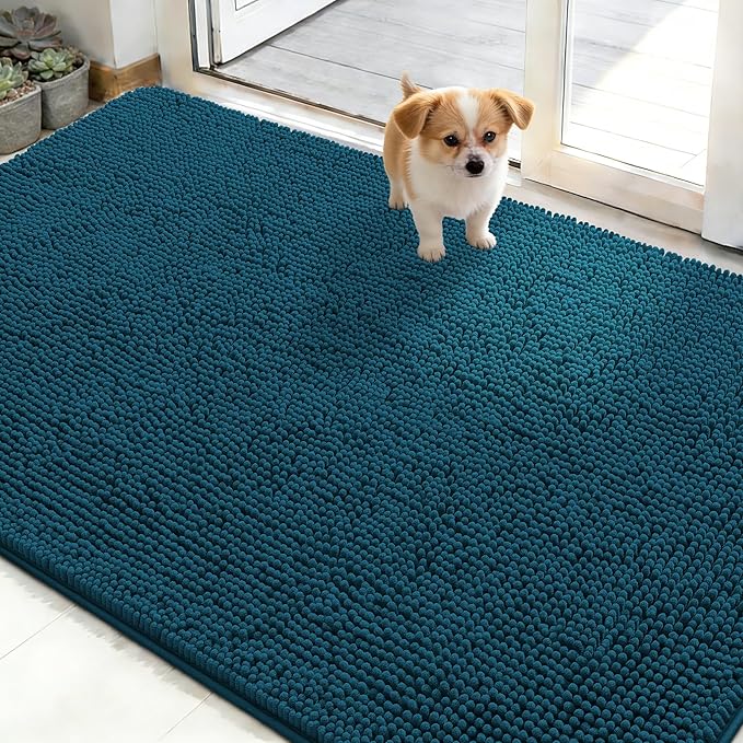 OLANLY Dog Door Mat for Muddy Paws 50x30, Absorbs Moisture and Dirt, Absorbent Non-Slip Washable Doormat, Quick Dry Chenille Mud Mat, Entry Indoor Entryway Carpet for Inside Floor, Atlantic Blue