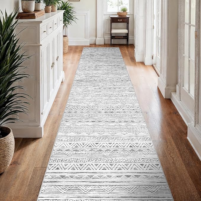 3x15 Washable Kitchen Runner Rug: Modern Moroccan Runners for Hallway Soft Non Slip Rugs with Rubber Backing Low Pile Thin Waterproof Floor Carpet for Entryway Bedroom Bathroom Indoor 3x15 Grey