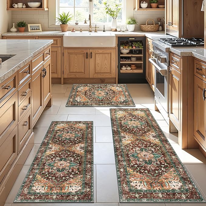Yamaziot Washable Kitchen Runner Rug Set of 3, Non-Slip Boho Vintage Hallway Rug Runner with Rubber Backing, Stain Resistant & Low Pile Distressed Carpet Runner for Bedroom, Kitchen, Laundry, Entrance