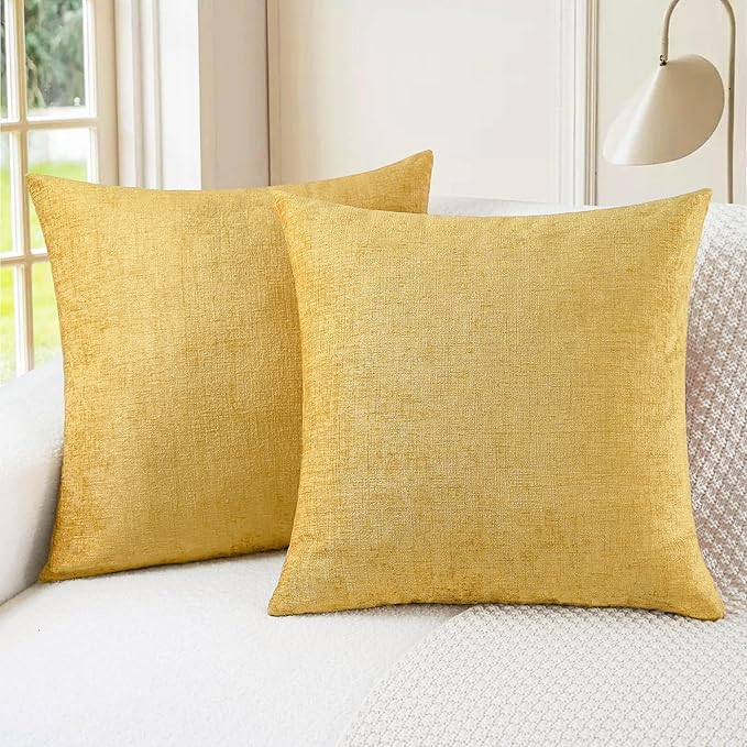 CaliTime Throw Pillow Covers Decorative 24 X 24 Inches Pack of 2 Cozy Chenille Cushion Cases for Couch Sofa Bed Living Room Home Gold