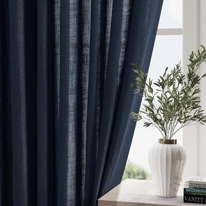 Navy Blue Curtains 84 inch Length for Bedroom Back Tab Rod Pocket Modern Nautical Farmhouse Decor Slub Linen Textured Dark Blue Semi Sheer Window Curtains 2 Panels Set for Dining Room Office Indigo