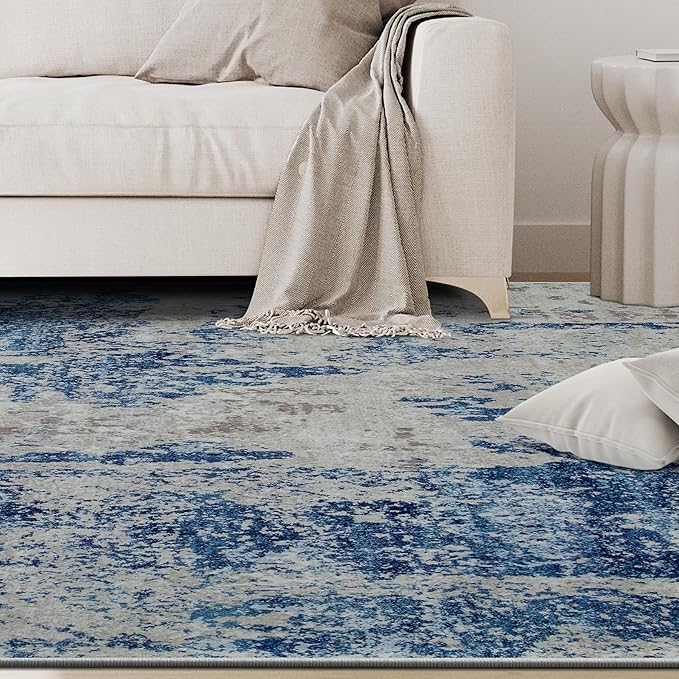 10x14 Area Rugs for Living Room Rug Washable: Abstract Large Rug Indoor Modern Carpet Non Slip for Dining Room Bedroom Nursery Home Office Blue Grey White