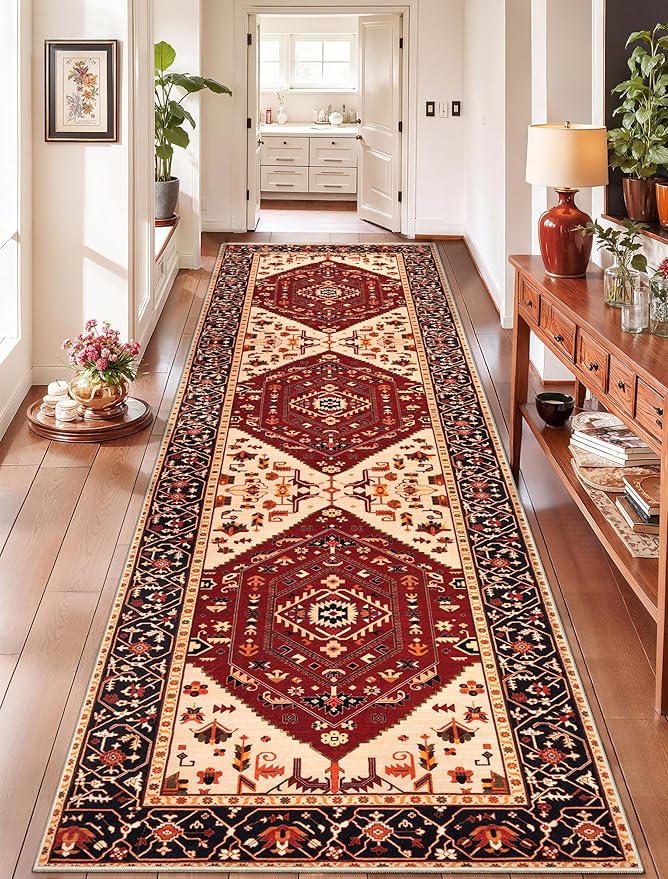 SERISSA Runner Rug for Hallways, 2'6"x10' Washable Non Slip Kitchen Runner Rug, Long Boho Rug Vintage Red Black Hallway Stair Ultra Soft Print Floor Carpet for Bedroom Bathroom Laundry Room