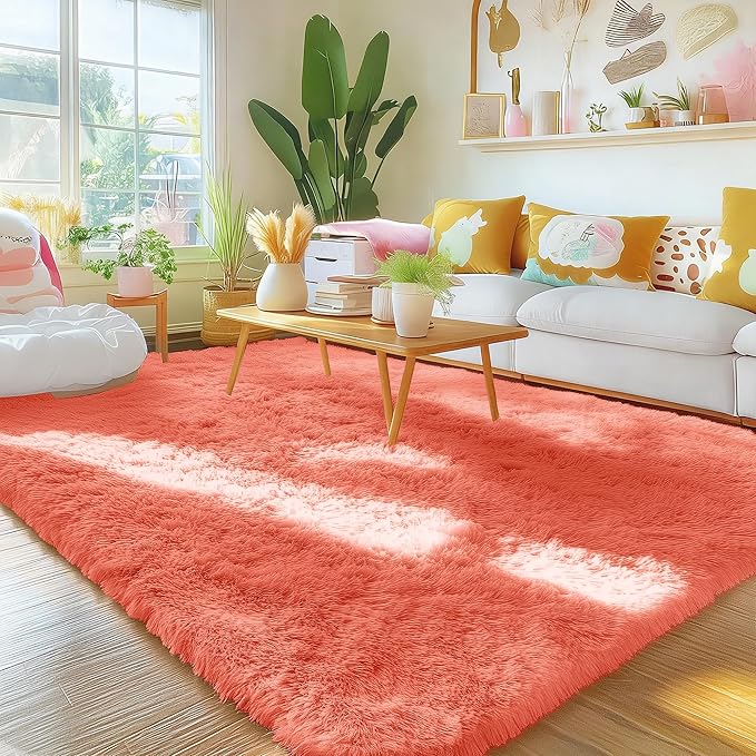 OLANLY Area Rugs for Living Room Bedroom, Machine Washable 4x5.9 ft Soft Fluffy Shaggy Bedside Rug, Indoor Floor Carpet for Kids Girls and Boys, Dorms, Nursery Rooms, Home Decor Aesthetic, Coral Red