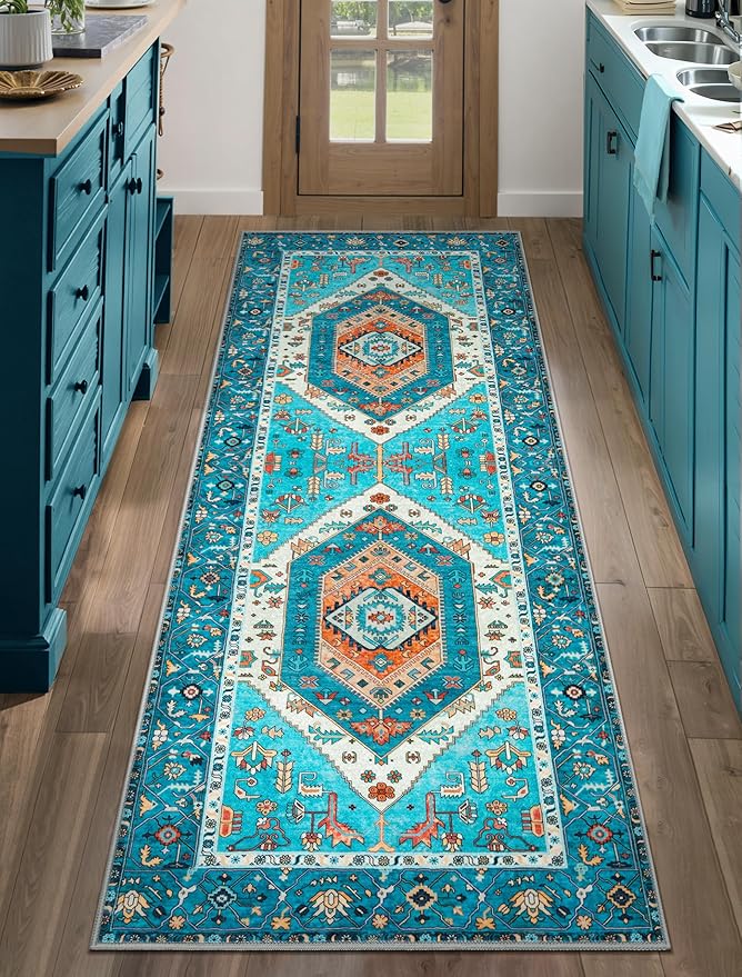 SERISSA Boho Washable Runner Rug, 2x5 Rug Runner Non-Slip Vintage Blue Hallway Kitchen Runner Rug Ultra Soft Print Distressed Tribal Floor Carpet Runner for Bedroom Bathroom Laundry Living Room
