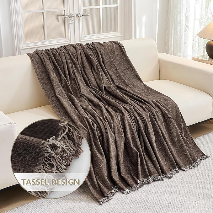 MYSKY HOME Couch Covers for 2 Cushion Couch Sectional Sofa, L Shape Sofa Protector Deep Chocolate Chenille Couch Cover, Sofa Covers Washable Blanket with Tassel Pet Couch Cushion Cover, 71"X102"
