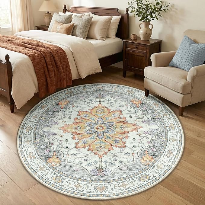Area Rugs 5ft Washable Non-Slip, Floral Vintage Distress Print Pattern Medallion Carpet for Living Room Bedroom Dining Room, Light Yellow Carbon Grey Orange