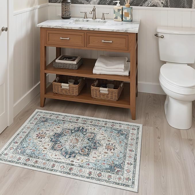 Madane Washable Area Rug 2x3, Small Entryway Rug Non-Slip Vintage Door Mat Indoor Entrance, Low Pile Floor Carpet for Inside Front Door Bedroom Kitchen Entry Laundry (2'x3', Blue)