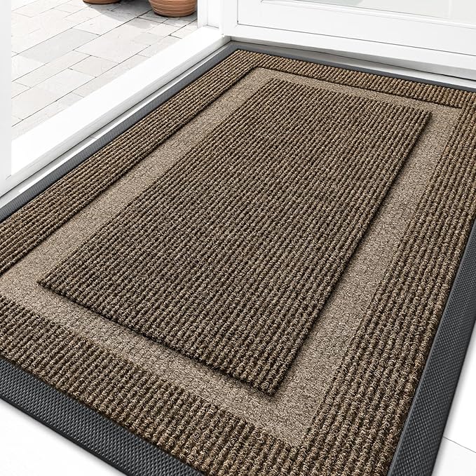 OLANLY Front Door Mat Indoor Outdoor Entrance, Waterproof All-Season, All-Weather Doormat, Sturdy Natural Rubber, Fade Resistant, Low Profile, Easy Clean Patio Porch Entryway Mat, 33x21, Brown