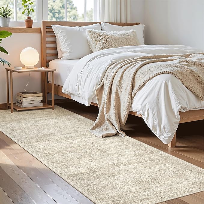 Washable Runner Rug, 2'6" x 8' Non-Slip Kitchen Vintage Foldable Hallway Runners for Entryway, Laundry, Bedroom, Beige