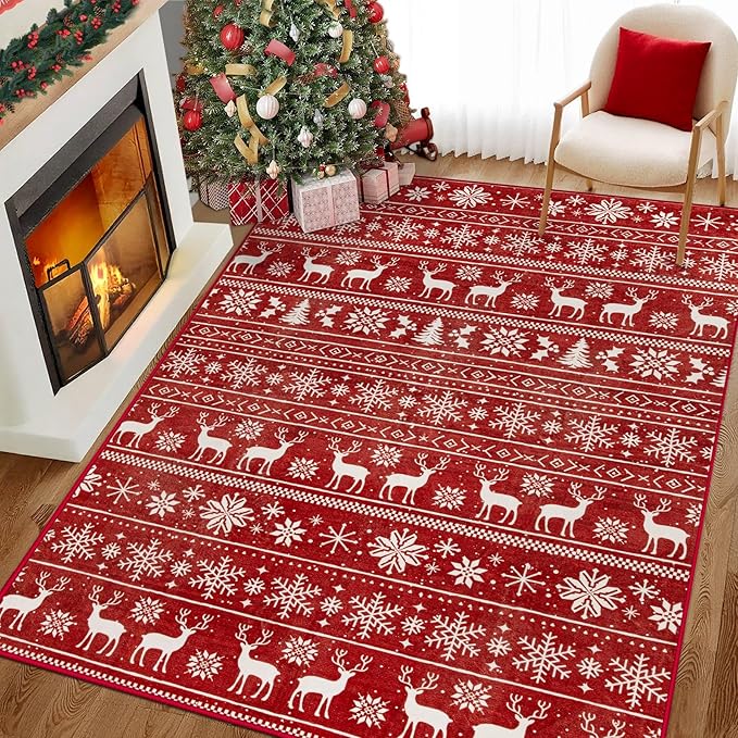 Christmas Rug 6x9 Washable Rugs, Boho Christmas Tree Snowflake Rug Non-Slip Soft Low Pile Non Shedding Indoor Holiday Carpet for Living Room Bedroom Dining Room Home Office (XmasRed, 6'x9')