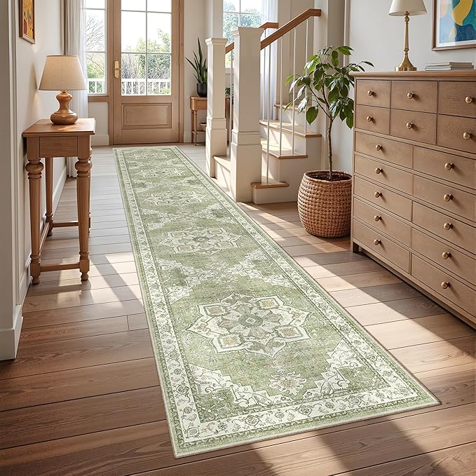 Hallway Runner Rug 2x12, Extra Long Washable Runner Rugs with Rubber Backing, Non Slip Runner, Vintage Rug Runners for Kitchen Laundry Room Entryway (Light Green,2'x12')