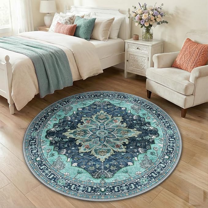 Area Rugs 4ft Washable Non-Slip, Floral Vintage Distress Print Pattern Medallion Carpet for Living Room Bedroom Dining Room, Teal Green Lake Blue Turquoise
