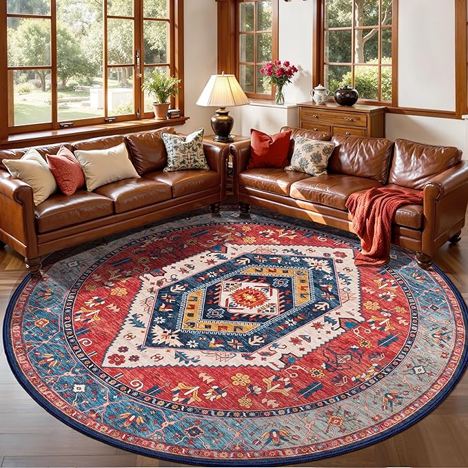 SERISSA Boho Round Area Rug, 5ft Washable Non-Slip Circle Rug, Ultra Soft Oriental Vintage Rust Low-Pile Circular Carpet for Bedroom Entryway Kids Room Office College Dorm Living Room