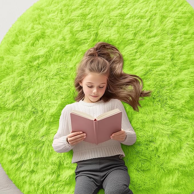 OLANLY Lime Green Round Rugs for Bedroom - Machine Washable, 5 ft Circle Area Rugs for Living Room, Soft and Fluffy Shaggy Carpet for Teen Girl and Boys, Nursery Rooms, Dorms, Home Decor Aesthetic