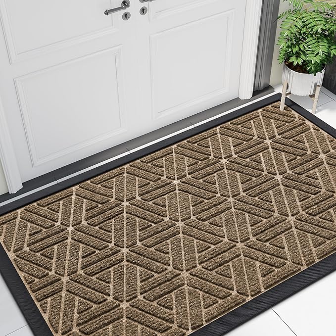 Smiry Front Door Mat Outside Entrance, Heavy Duty Sturdy Natural Rubber Doormat, Trap Dirt and Moisture, Easy Clean Low Profile Mats for Indoor Outdoor Entry, Grid Geometric (47x23, Brown)